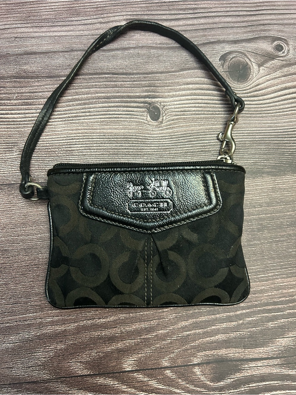 Coach Black Signature Wristlet with Leather Trim